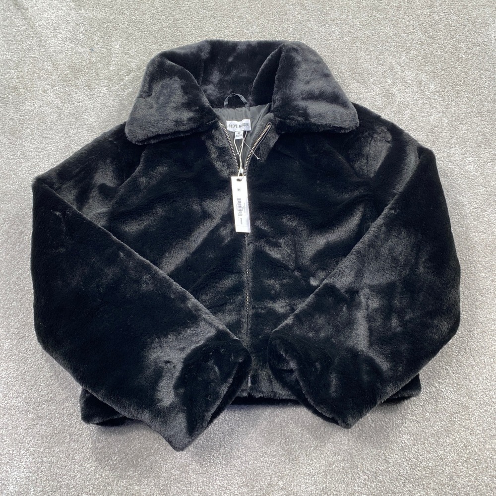 Steve Madden Faux Fur Cropped Coat Womens Medium Black Full Zip BN40676X - Picture 1 of 7